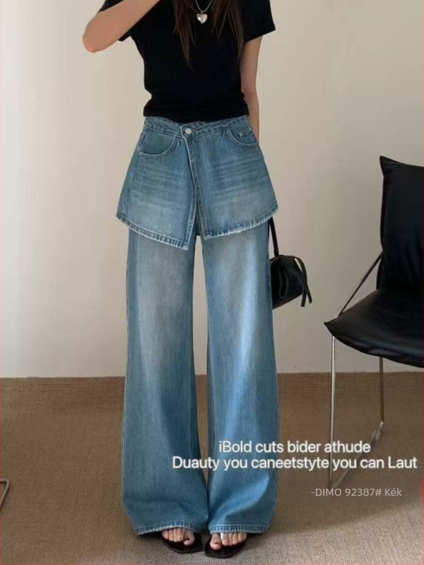 DIMO92387 Hamis két darabos modell: női széles lábú denim nadrág-szoknya, tavasz 2026