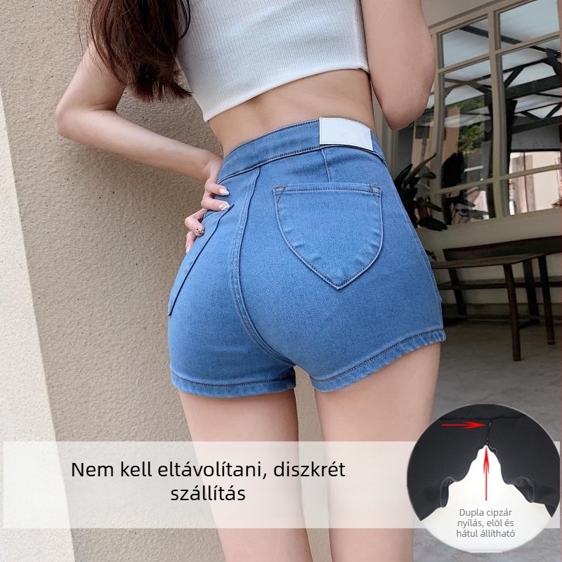 Női karcsú farmer rövidnadrág lyukacsos dizájnnal és cipzárral, nyári kültéri stílus