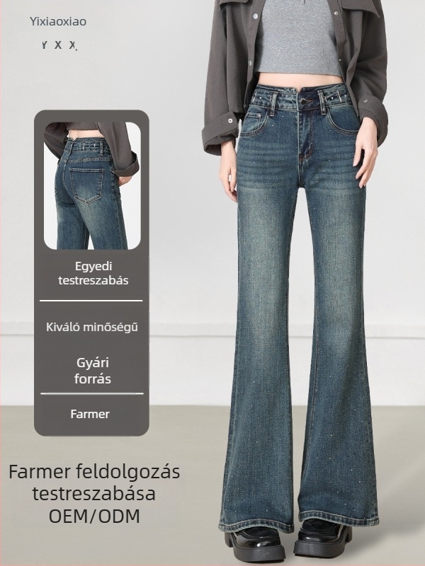 Yixiaoxiao 26 Retro csillogó rhinestone szélesnadrág női farmer, magas derék, karcsúsított fazon, strassz díszítés