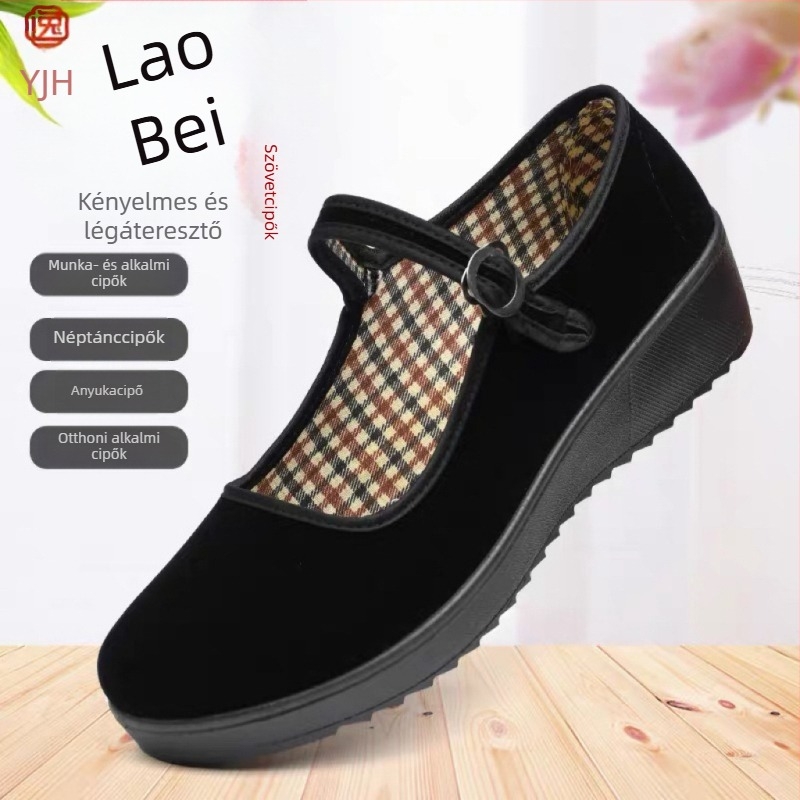 Női velúr felső részű Pekingi stílusú textilcipő, fekete, csatos pánttal, 3–5 cm-es harántsarokkal, kerek orr, mindennapi viselet