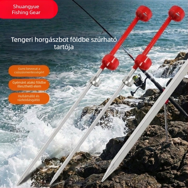 50 cm rozsdamentes acél horgászbot talajállvány, gumírozott romb alakú alap, egyszerű fémtalajtartó kettős gyűrűkkel