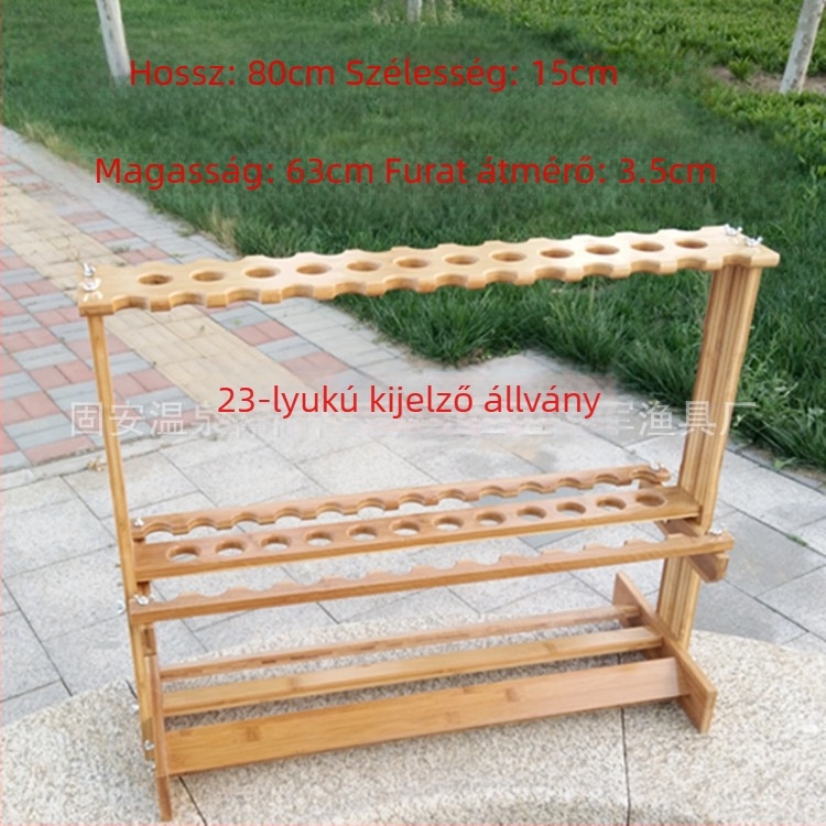 Horgászbotok kiállító állványa, vastag bambuszból és fából készült