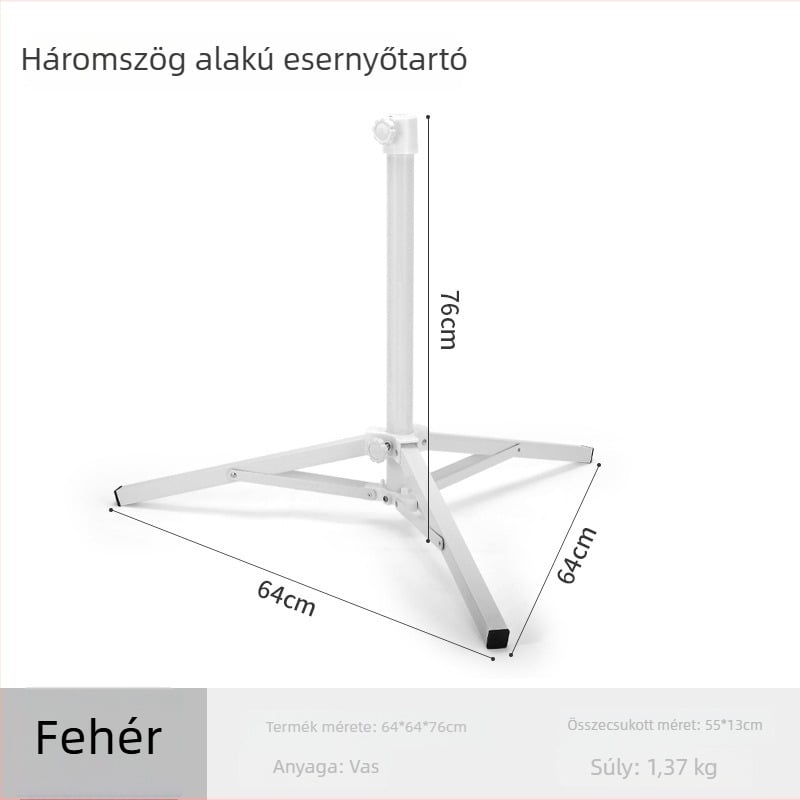 Szabadban használható, összecsukható esernyőállvány háromlábú talppal és világításhoz való állvánnyal