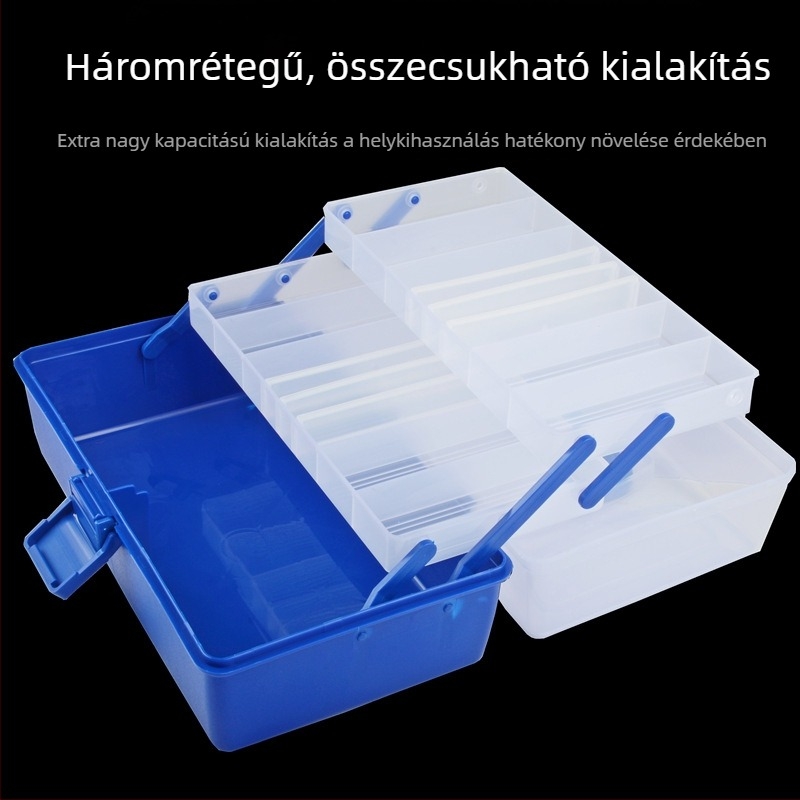 Hordozható, összecsukható csali- és horgászfelszerelés doboz, háromrétegű műanyag tároló