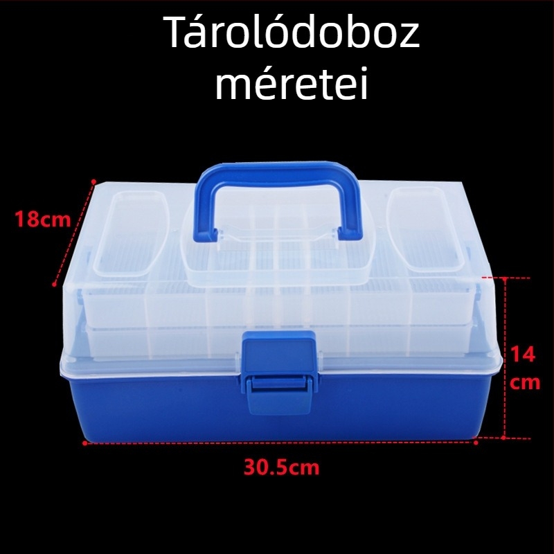 Hordozható, összecsukható csali- és horgászfelszerelés doboz, háromrétegű műanyag tároló