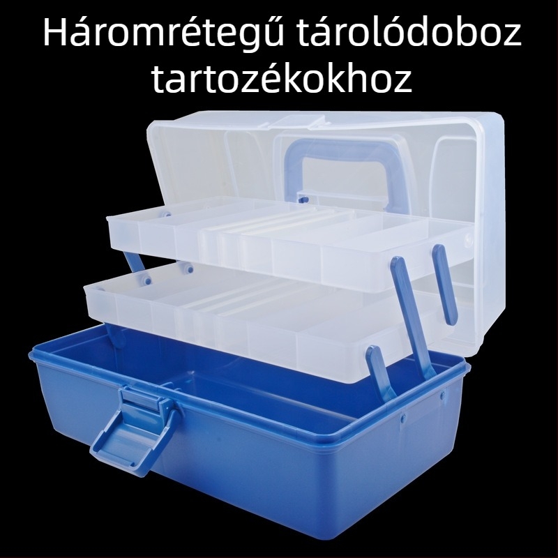 Hordozható, összecsukható csali- és horgászfelszerelés doboz, háromrétegű műanyag tároló