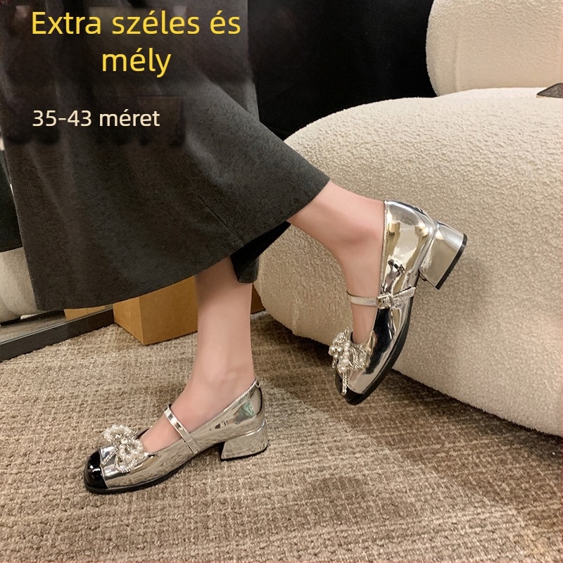 A-66115-2 Ezüst Mary Jane cipő egy pánttal, francia stílusú magas sarkú nőknek széles lábra, EU 43