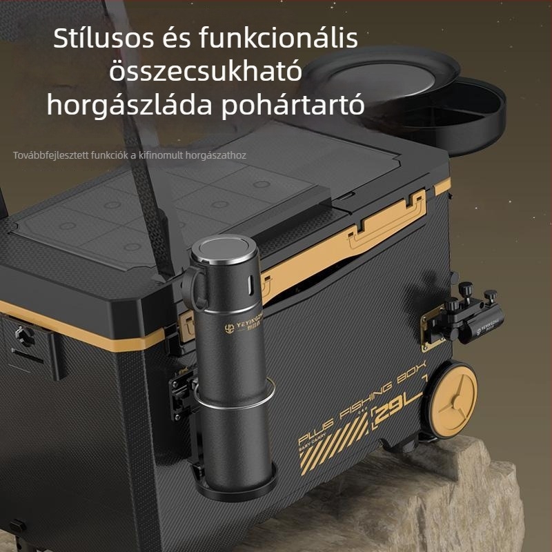Összecsukható, univerzális teáscsésze- és vízpalacktartó kemping- és horgász dobozhoz