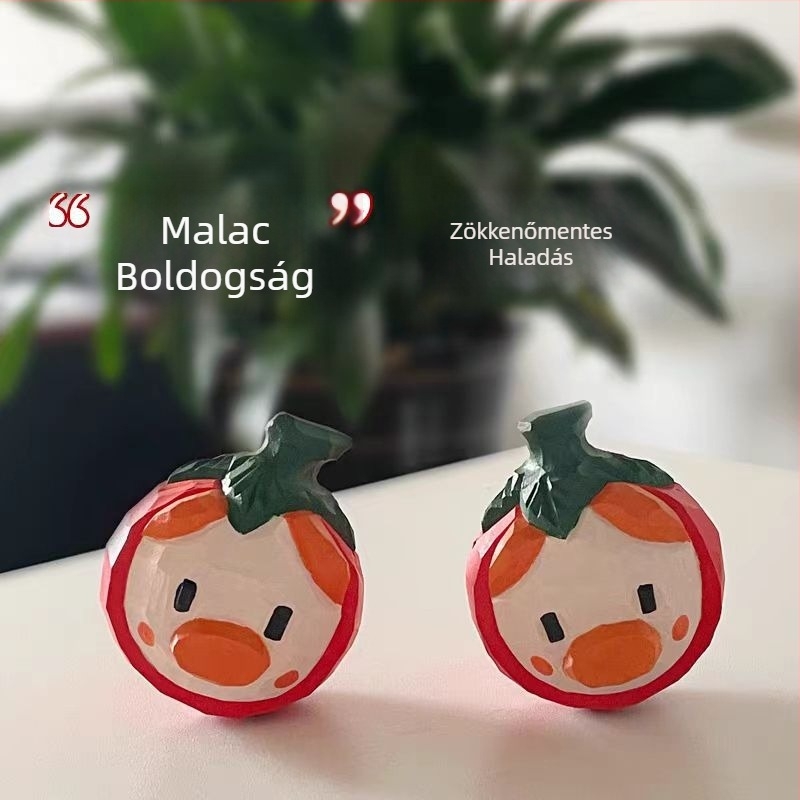 Kézzel faragott bükkfa Pig and Persimmon dísz, nappali és íróasztal dekoráció, áldás ajándék