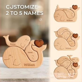 Személyre szabott fából készült bálna családi puzzle – otthoni dekoráció