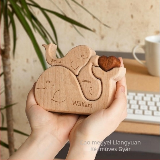 Személyre szabott fából készült bálna családi puzzle – otthoni dekoráció