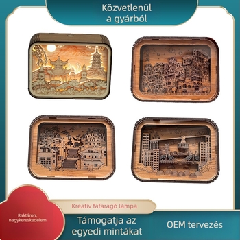 3D fa‑faragott lámpa városkép motívummal – kreatív éjjeli fény, DIY asztali lámpa, táj emlék