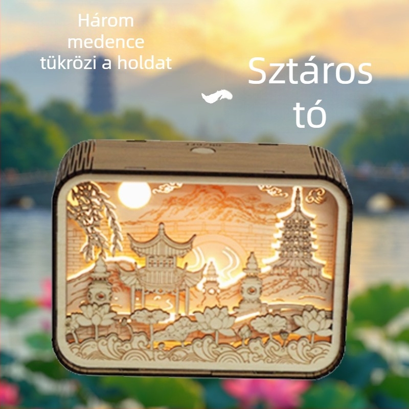 3D fa‑faragott lámpa városkép motívummal – kreatív éjjeli fény, DIY asztali lámpa, táj emlék