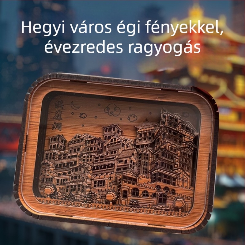 3D fa‑faragott lámpa városkép motívummal – kreatív éjjeli fény, DIY asztali lámpa, táj emlék