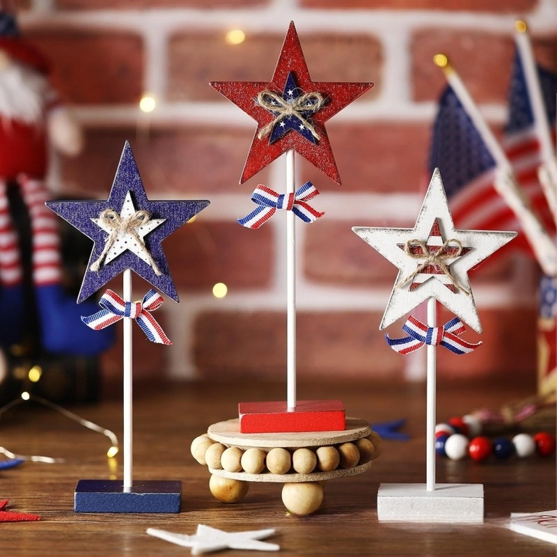 Fából készült csillagdísz Amerikai Függetlenség Napjára, retro otthoni dekoráció