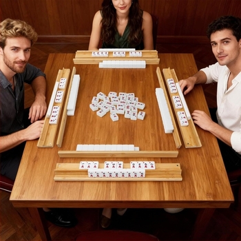 Fából készült mahjong tartó tolórúddal, domino tartó, Parti mahjong tálca, tömörfa játékasztal
