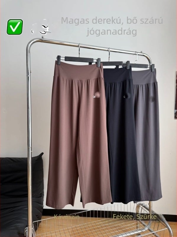 Női magas derekú, széles szárú jóga nadrág, egyszínű, laza és kényelmes sportos‑mindennapi viselet, 9/10 hossz