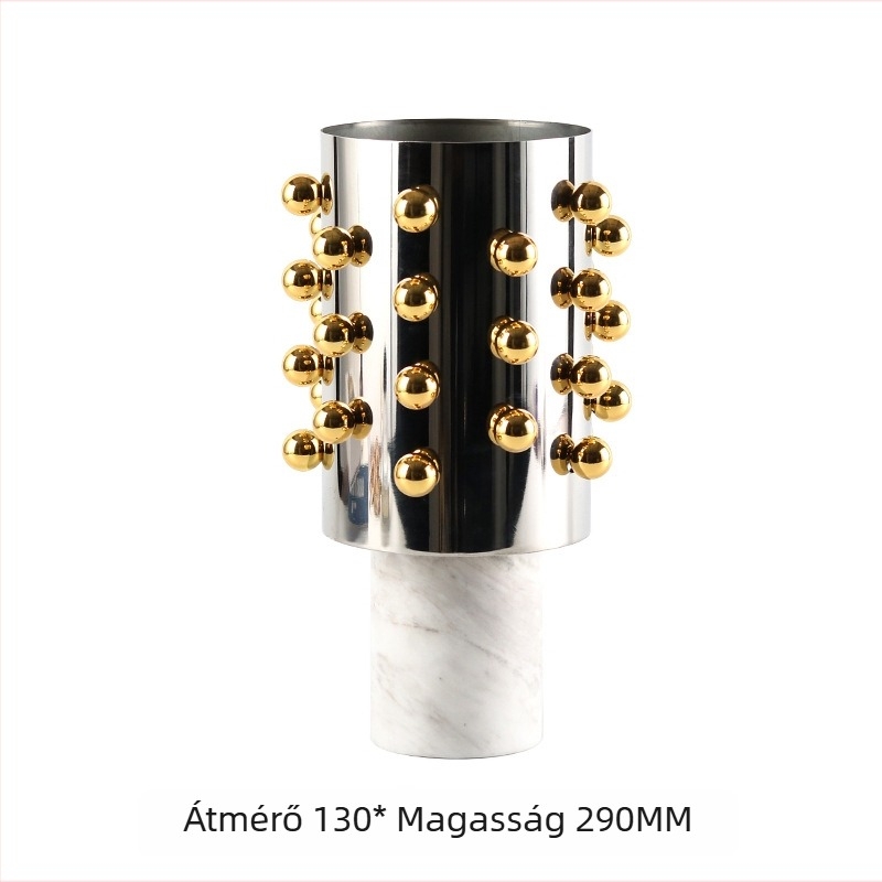Váza márvány alapú, fémdíszítésű gyöngy‑pont mintával, modern hengeres forma