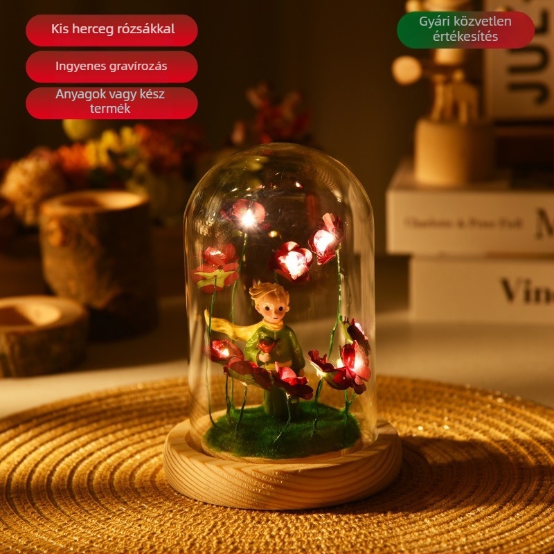 A Kis Herceg rózsaszín üvegbúra figurája – üveggömbbel, DIY ajándék Valentin-napra, születésnapra és karácsonyra