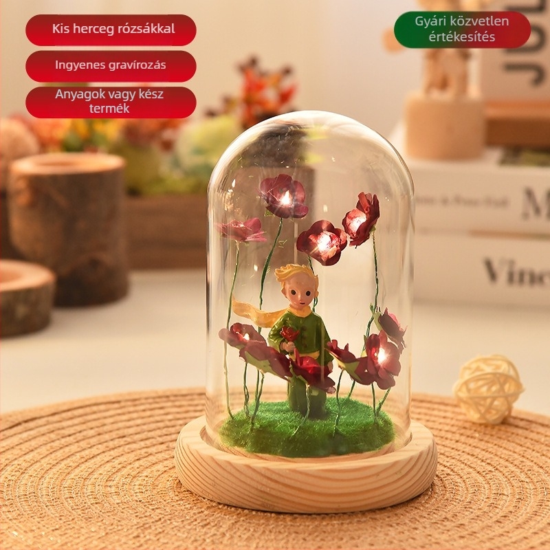 A Kis Herceg rózsaszín üvegbúra figurája – üveggömbbel, DIY ajándék Valentin-napra, születésnapra és karácsonyra