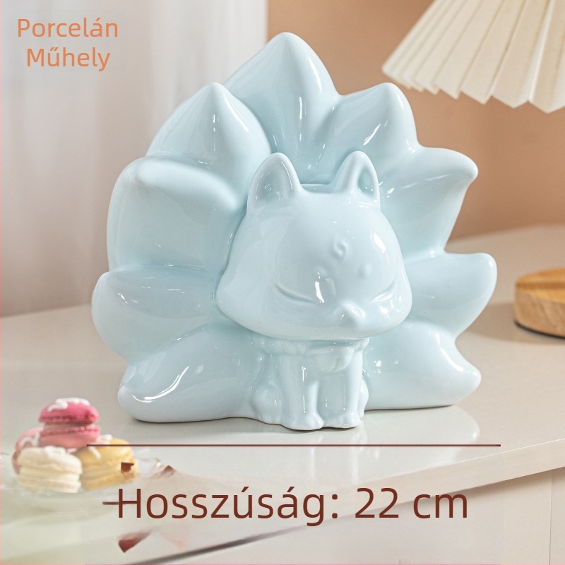 Porcelán díszfigura otthonra, kertbe vagy irodába; aranyos kilencfarkú róka, kínai stílusú dekoráció az előszobába