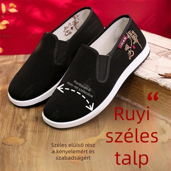 Férfi vászoncipő, slip-on, könnyű és légáteresztő, A ló évének hímzése, fekete, puha talp, csúszásmentes