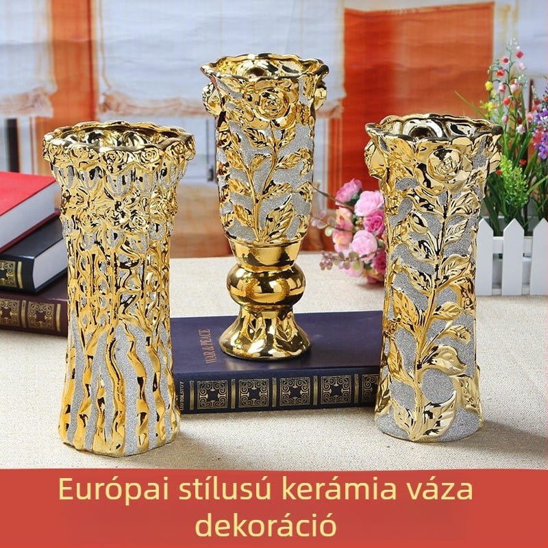 Kerámiaváza európai stílusú modern dizájnnal, aranyozott otthoni dekoráció, esküvőkre, előszobába és a nappaliba, szárított virág-dísz, kézzel végzett aranyozás