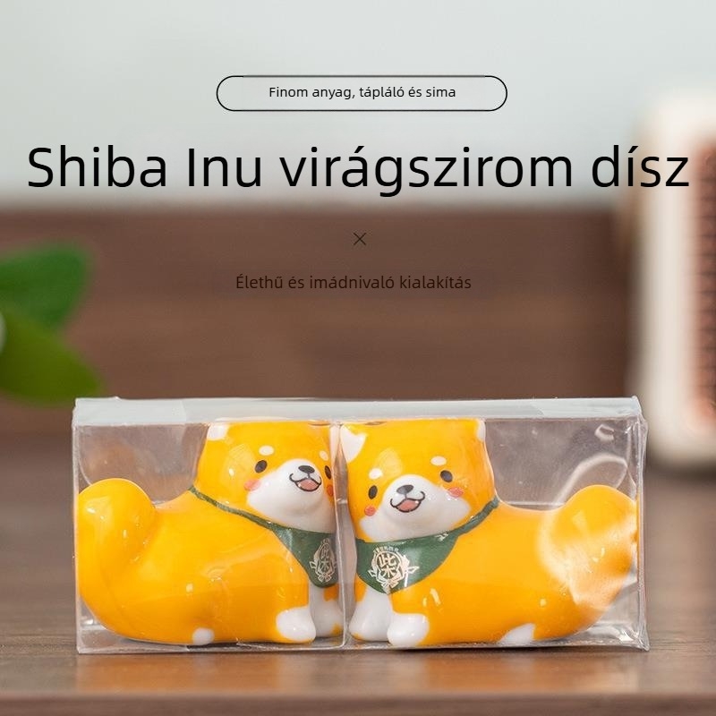 Kerámia pálcika tartó – Shiba Inu pár virágos mintával, fehér porcelán