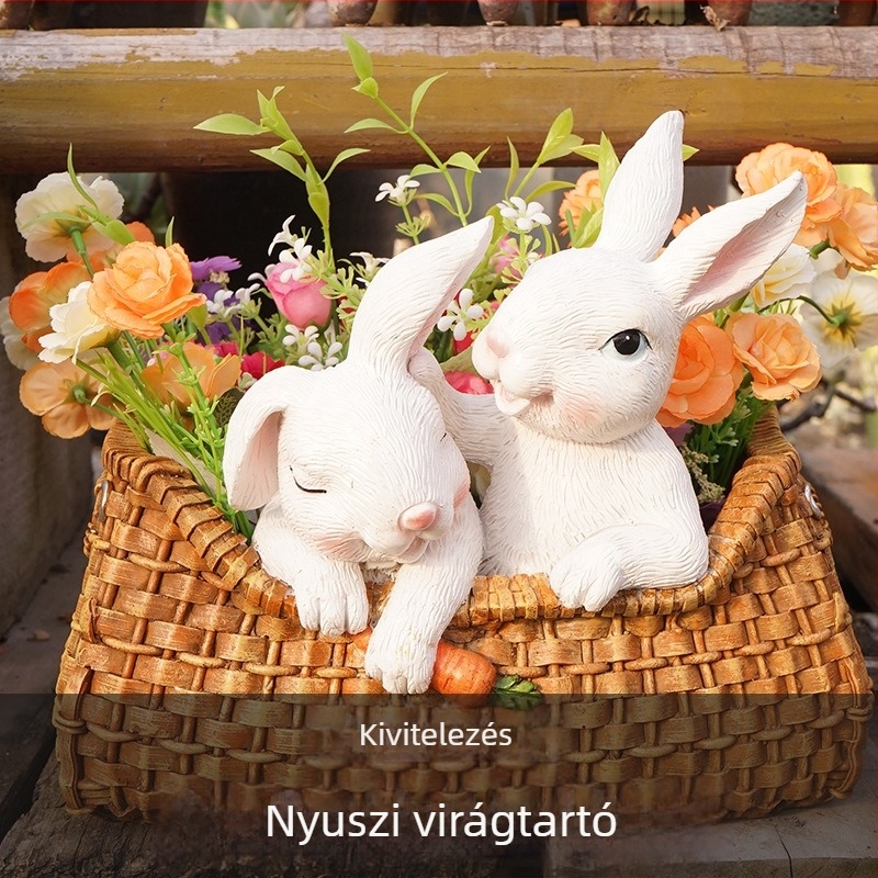 Kreatív műgyanta nyuszipár virágcserep-kerti szobor