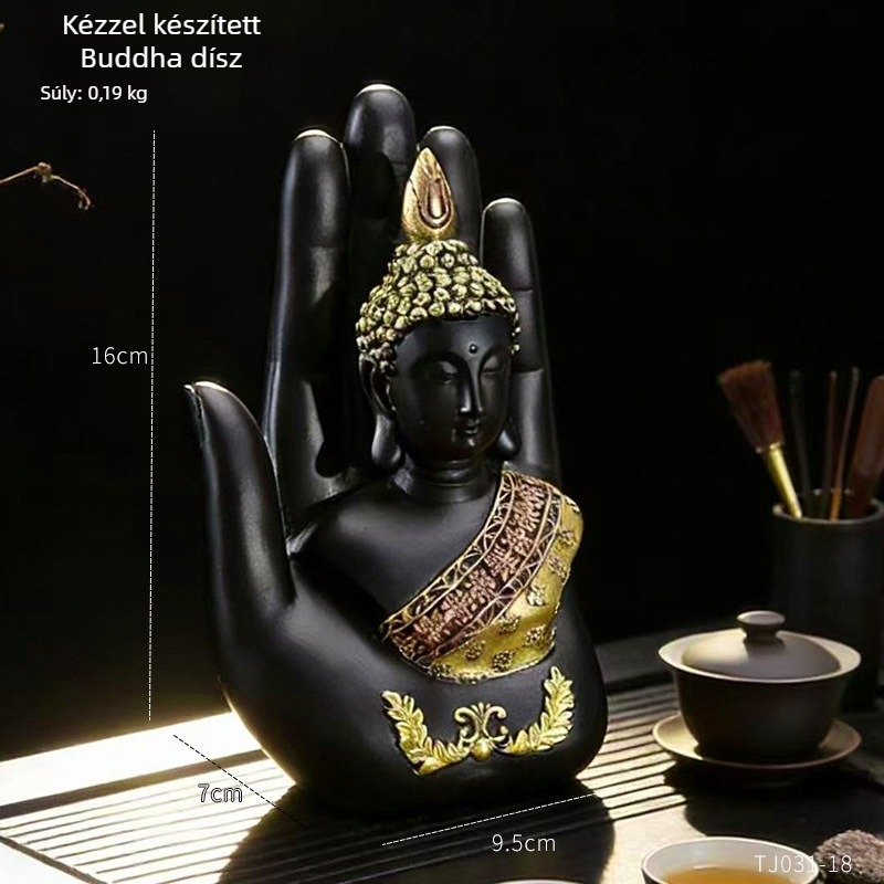 Kínai stílusú, aranyozott tenyérnyi Buddha-dísz, dekoráció otthonra — nappali, előszoba, tea szoba, dolgozószoba, zen dekoráció
