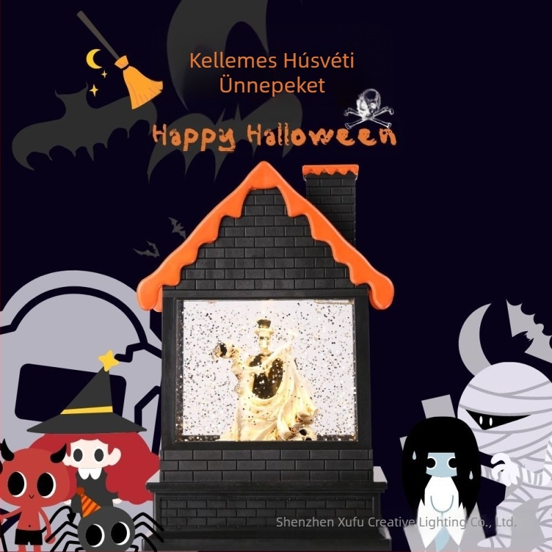 Halloween Fekete Ház Kristály Szél Lámpa – Pár Ragasztott Csontváz, Zenés Szél Lámpa Hó-Effektussal