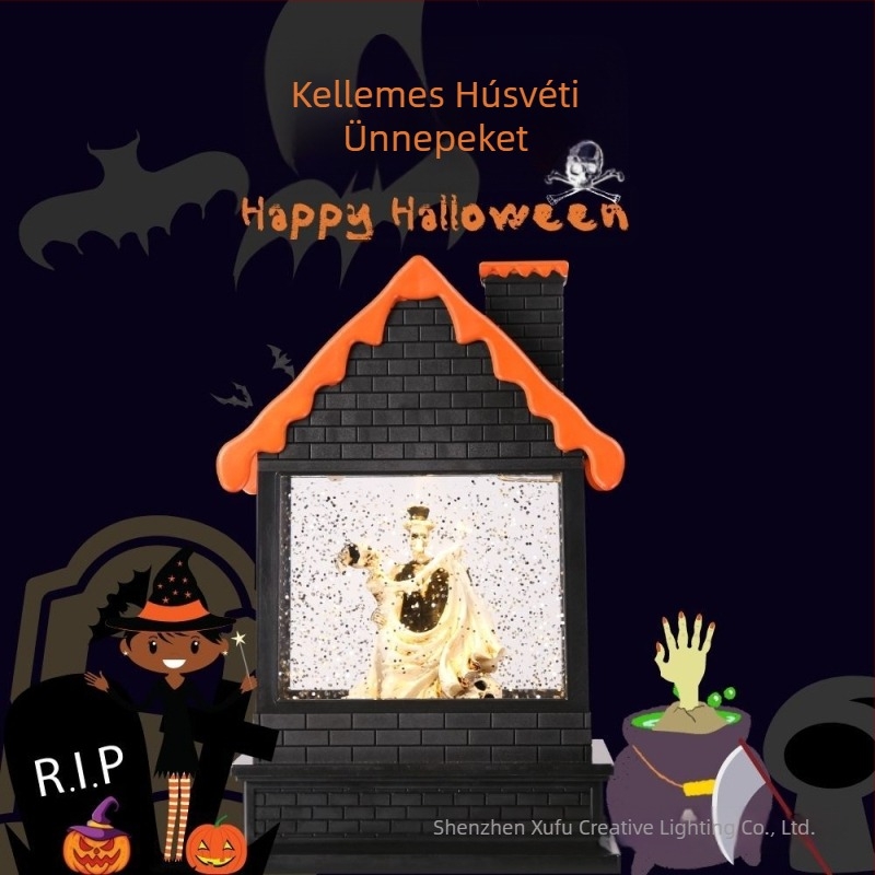 Halloween Fekete Ház Kristály Szél Lámpa – Pár Ragasztott Csontváz, Zenés Szél Lámpa Hó-Effektussal