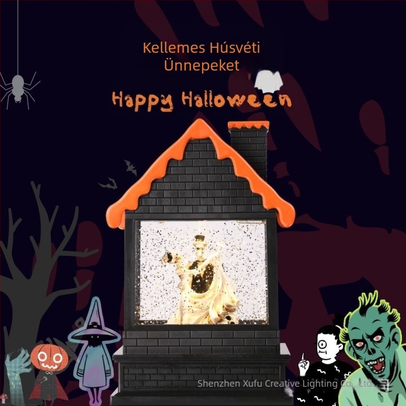 Halloween Fekete Ház Kristály Szél Lámpa – Pár Ragasztott Csontváz, Zenés Szél Lámpa Hó-Effektussal
