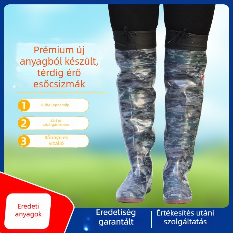 Hosszú esőcsizma földmunkákhoz, uniszex, térd fölött, csúszásmentes talp, mintás minta, kerek orr, lapos sarok, tavasz–ősz