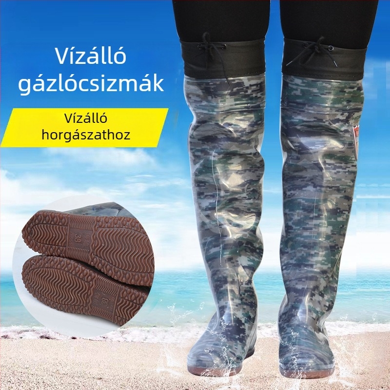 Hosszú esőcsizma földmunkákhoz, uniszex, térd fölött, csúszásmentes talp, mintás minta, kerek orr, lapos sarok, tavasz–ősz
