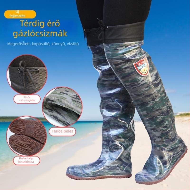 Hosszú esőcsizma földmunkákhoz, uniszex, térd fölött, csúszásmentes talp, mintás minta, kerek orr, lapos sarok, tavasz–ősz