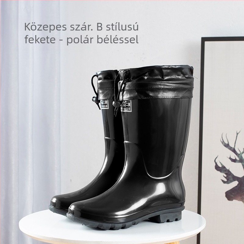 Férfi fekete PVC esőcsizma középmagas, melegen bélelt belsővel, vízálló munkára és bányászatra