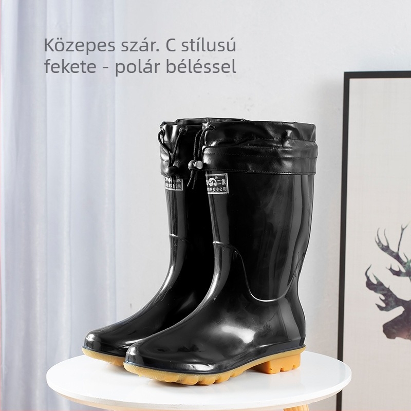 Férfi fekete PVC esőcsizma középmagas, melegen bélelt belsővel, vízálló munkára és bányászatra