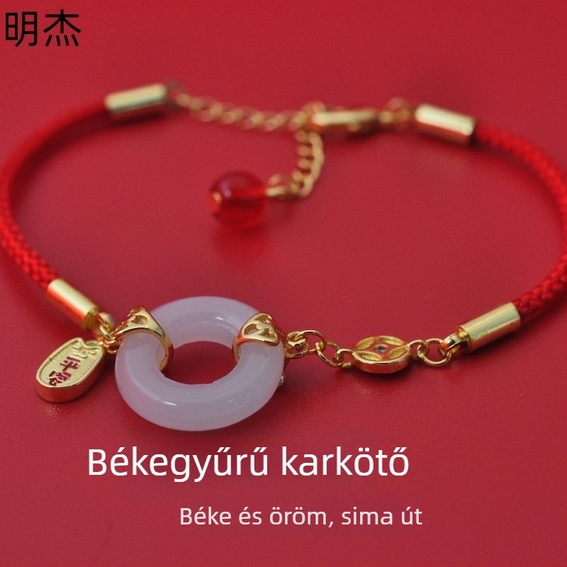 Mingjie utánozott Hetian jade női karkötő piros zsinórral, geometriai mintázat, finom és exkluzív ékszer.