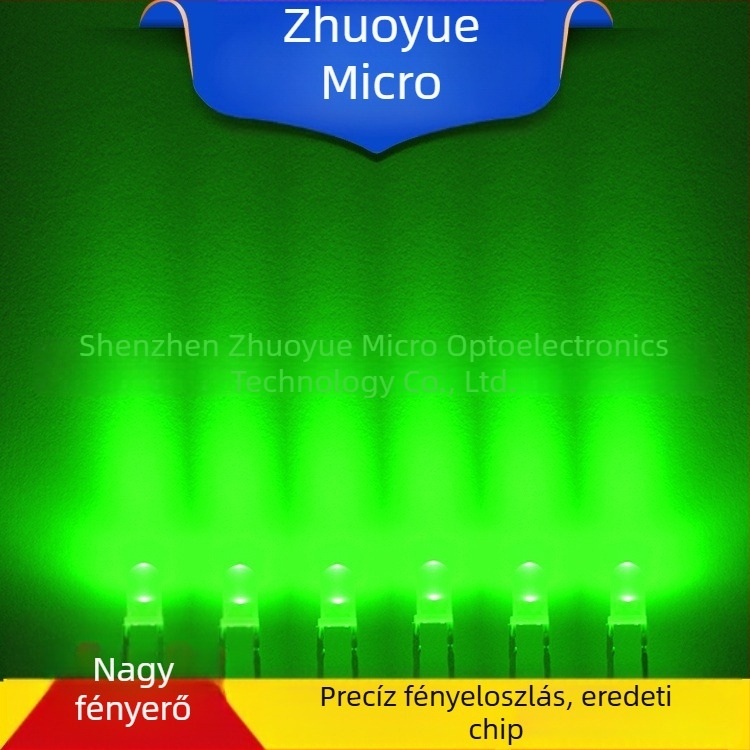 Excellence Micro LED, zöld, 3V, 3 mm-es kör fejű LED, nagy fényerő, modell F3