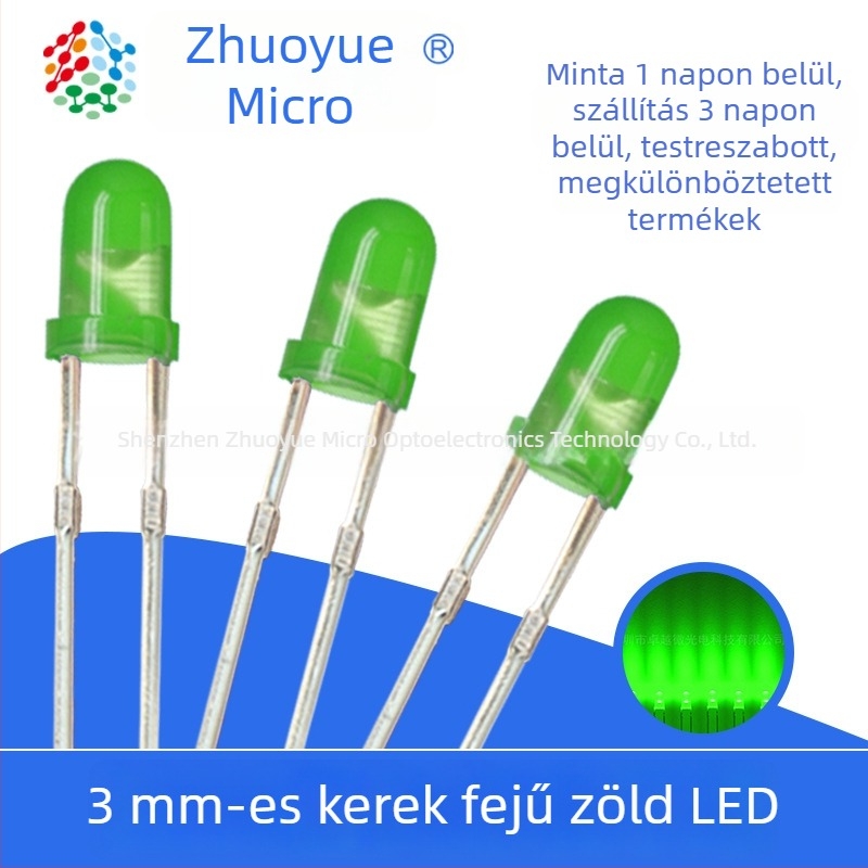 Excellence Micro LED, zöld, 3V, 3 mm-es kör fejű LED, nagy fényerő, modell F3
