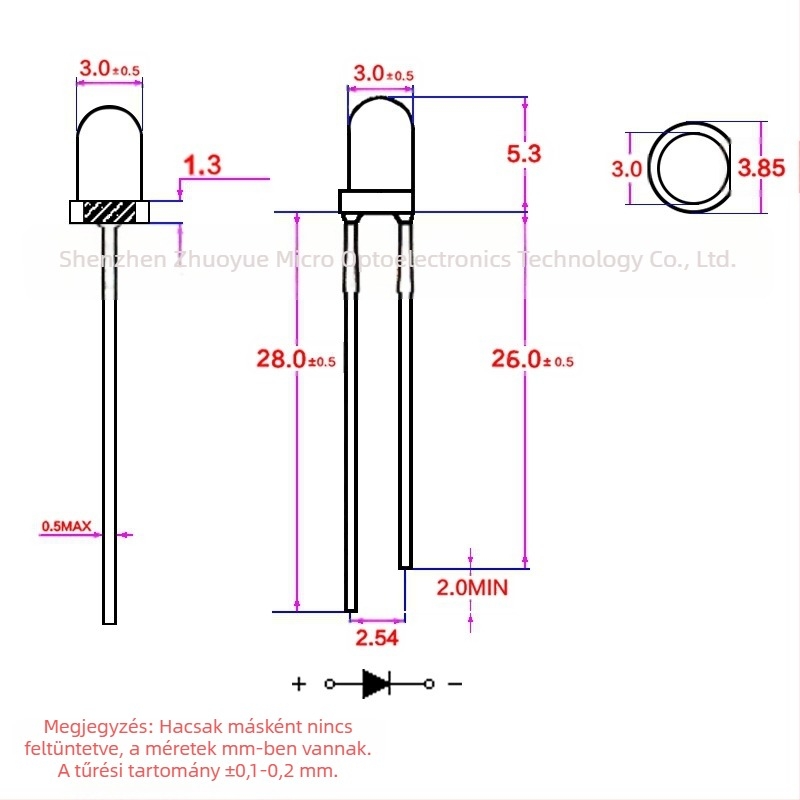 Excellence Micro LED, zöld, 3V, 3 mm-es kör fejű LED, nagy fényerő, modell F3