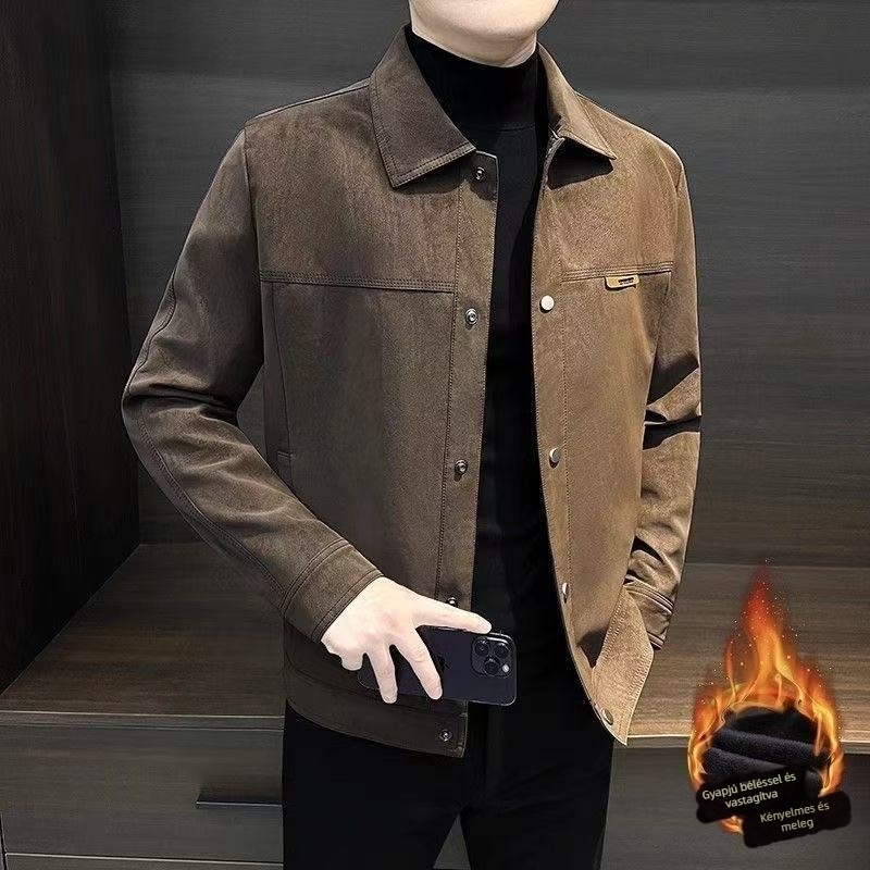 2025 férfi suede galléros dzseki, tavasz–ősz, vintage stílus, szélálló