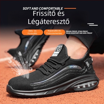 Légáteresztő Fly-Knit munkavédelmi cipő acélorrvédővel, ütés- és perforáció-ellen, rezgéscsillapító, csúszásmentes, könnyű - Fekete