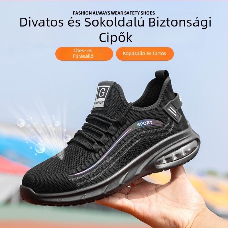 Légáteresztő Fly-Knit munkavédelmi cipő acélorrvédővel, ütés- és perforáció-ellen, rezgéscsillapító, csúszásmentes, könnyű - Fekete