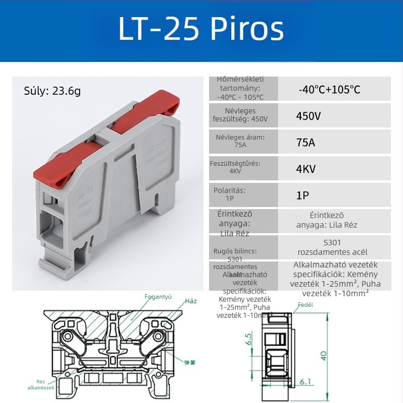 LT-25 Ultra‑magas áramú, nagy négyszögletes sín terminál, gyorscsatlakozás, 75A