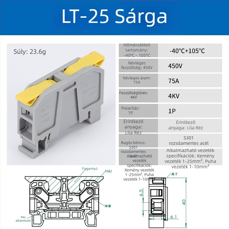 LT-25 Ultra‑magas áramú, nagy négyszögletes sín terminál, gyorscsatlakozás, 75A