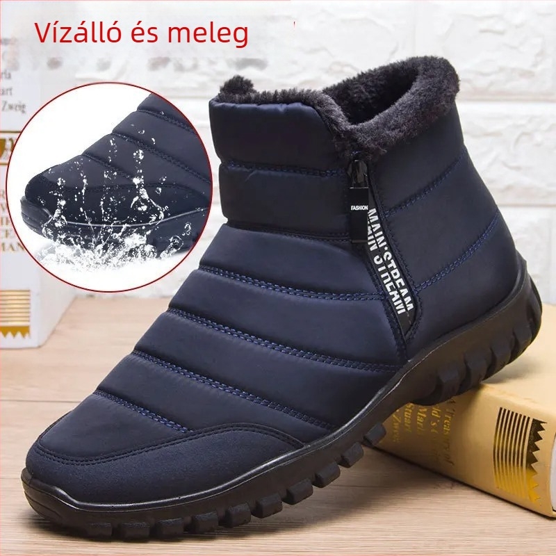 Férfi téli csizma fleece béléssel és vastag szigeteléssel, oldalsó cipzárral, vászon felsőrész, vulkanizált talp, csíkos mintázat, téli lábbeli, színek fekete, kék, khaki