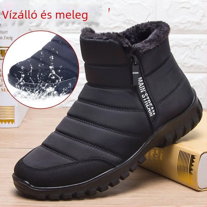 Férfi téli csizma fleece béléssel és vastag szigeteléssel, oldalsó cipzárral, vászon felsőrész, vulkanizált talp, csíkos mintázat, téli lábbeli, színek fekete, kék, khaki