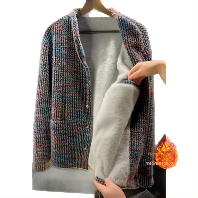Férfi téli kabát ősz-téli Old Money stílusban, fleece béléssel, vastag, színes pöttyös mintázattal, szélálló és meleg, mindennapi viselethez.
